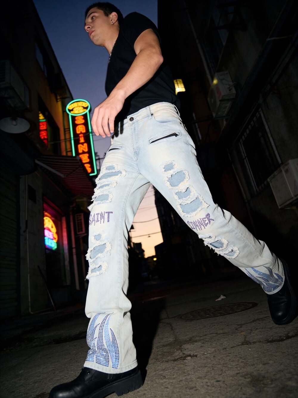 Focus Jeans Saint Sinner Distressed Rhinestone Denim